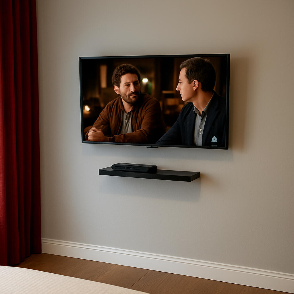 Wall-Mounted TV cable box shelve Sony TV mounted on the wall in a bedroom