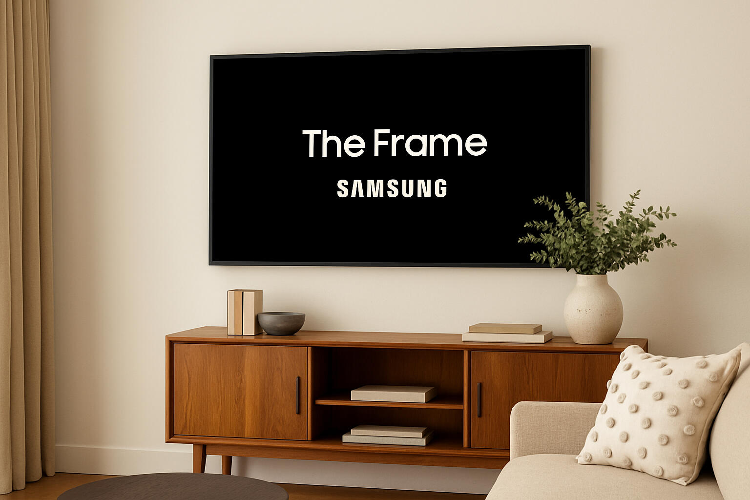 Samsung Frame TV Mounted on Wall with hidden wires Samsung Frame TV mounted on a wall in a living room