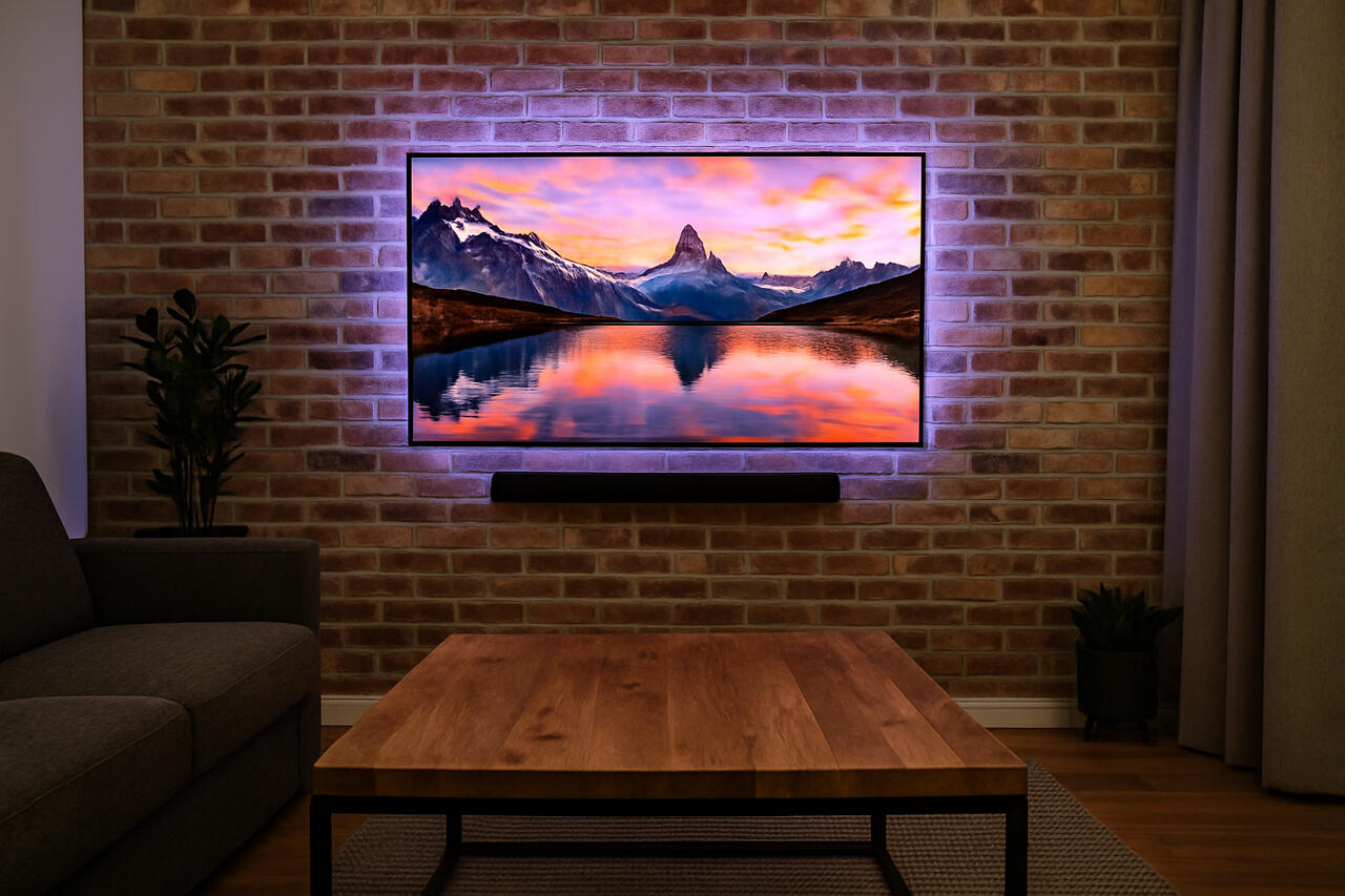 77 LG Qled TV Mounted on Brick Wall with LED Lighting and Sound Bar Flat-screen LG TV installed on a brick wall in the living room