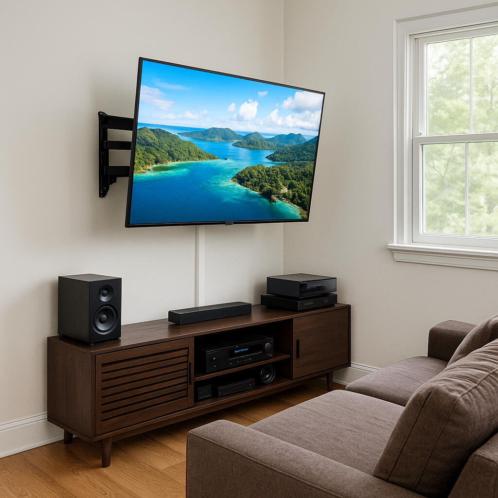 55 inch tv on swivel tv mount Staten Island tv on wall wires conceale with cover molding on cement wall